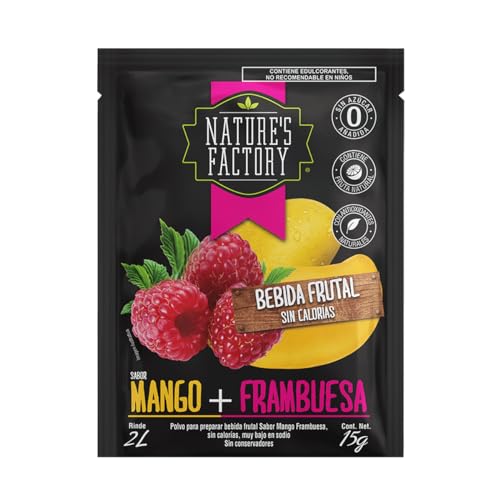 Nature's Factory Bebida Frutal en Polvo Sabor Mango Frambuesa, Bajo en Calorías, 10 piezas de 15 gramos