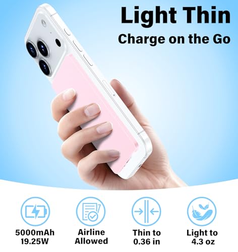 Image of 3-in-1 5000mAh for Magsafe Power Bank Thin Slim 22.5W Fast Charging Type C Magnetic Battery Pack Powerbank for Travel, Mini Wireless Portable Charger for iPhone 17 16 15 14 13 12 Watch Android, Pink