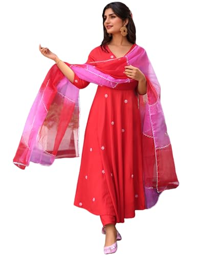 Image of ANNI Designer Women's Rayon Viscose Anarkali Embroidered Kurta with Pant & Dupatta
