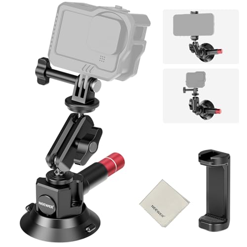 Image of NEEWER 3 inch Suction Cup Mount with Phone Holder Action Camera Adapter Compatible with iPhone GoPro DJI Insta360, Ball Head Magic Arm Cleaning Cloth Quick Release Car Mount for POV Video Recording, CA104