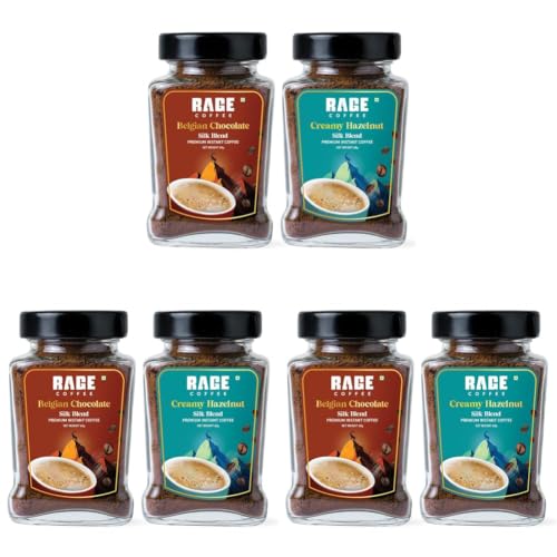 Image of Rage Coffee Silk Blend Instant Coffee | Belgian Chocolate & Creamy Hazelnut Silk Blend Flavoured Coffee 60 GMs Each | Premium, Bold & Smooth | Pack of 6