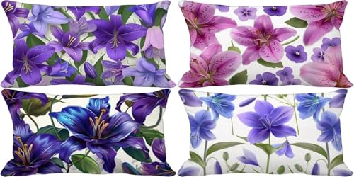 Juego de 4 Funda Cojin 50x70 Fundas de Cojines Púrpura Outdoor Cushion Covers Suave Cogines Sofa Exterior Jardin, Flor Cushion Covers Doble Cara Diseño Estampado, Salón Dormitorio Decorativos U22-h3