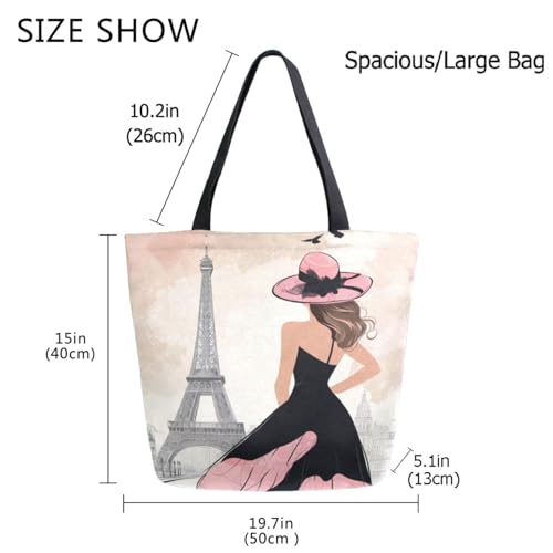 Fashion Holidays Woman Eiffel Tower Extra Large Canvas Gym Shoulder Tote,Durable Daily Reusable Top Handle Bag for Mens Womens Yoga Weekender Picnic Beach Travel Market Shopping3