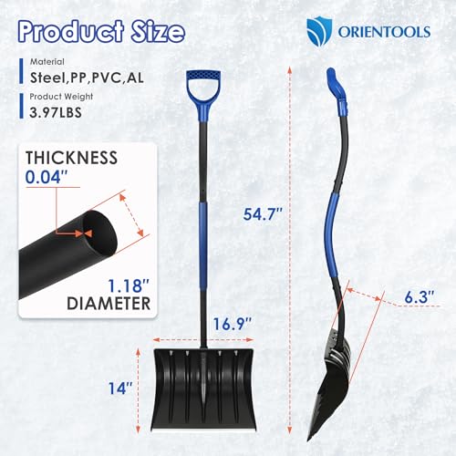 ORIENTOOLS Snow Shovel with D-Grip Handle and Durable Aluminum Edge Blade, an Ideal Accessory for Your Car, Truck, Recreational Vehicle, etc.(Blade 16.9\")