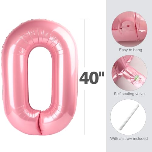 Image of 0 Balloon 40 inch Pearl Pink Number Balloons for 10th Birthday Decoration | Saturated Color, Large 40 in, With Straw & Hanging Hole, For Back-to-School Season, Wedding, Christmas, New Year, Anniversary