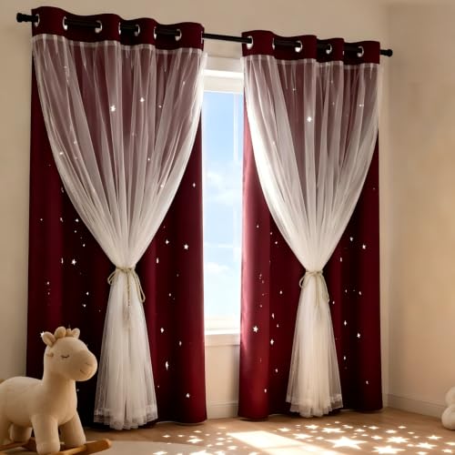 Kinryb Red Kids Star Cutout Curtains for Bedroom 70" W x 72" L 2 Panels