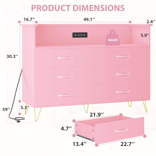 Image of Dresser for Bedroom with 6 Drawers, Wide Wood Chest of Drawers with Charging Station & RGB LED Lights - Storage and Organization Dresser for Living Room, Closet, Hallway, MDF Cabinet, Pink