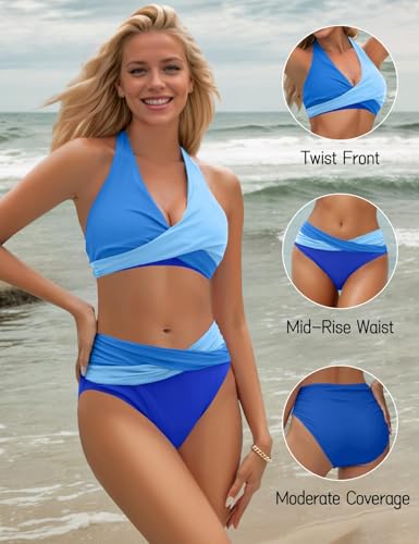 Image of Sopliagon Women's Bikini Sets Twist Front Two Piece Swimsuit Halter Bathing Suit