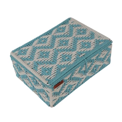 Image of Kaahira Handmade Decorative Storage Box and Organiser | Macrame Gift Hamper Box for Cosmetics, Toiletries & Return Gifts | Aesthetic Rope Woven Organizer (Sky Blue and White, Small - 9x6x4)