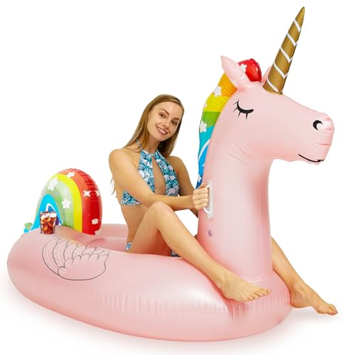 Inflatable Pink Unicorn Pool Float with Cup Holder, Large Water Pool Toys for Adults and Family, Swimming Pool Floats for Party Fun
