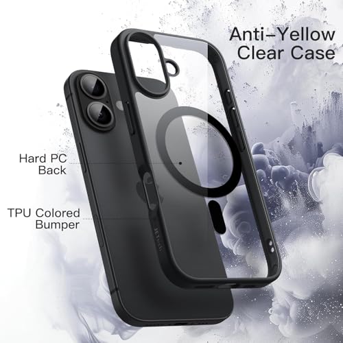 Image of Magnetic Case for iPhone 17 6.3-Inch Compatible with MagSafe, Shockproof Phone Bumper Cover, Solid Color Matte TPU Frame, Anti-Scratch Clear Back (Black)