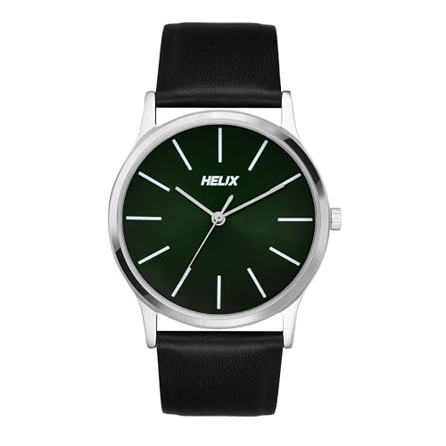 Helix by Timex Analog Watch for Man with Green Round Dial & Black Leather Strap Band Water Resistant Men's Wrist Watches - TW054HG01