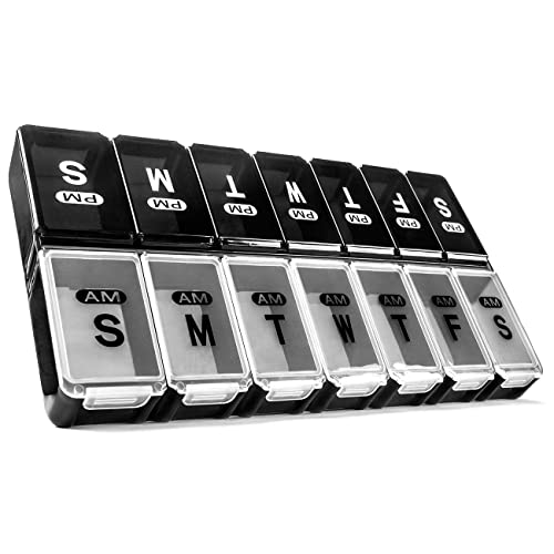 Large Weekly Pill Organizer 2 Times a Day - Remtise Daily Am Pm Pill Case Medicine Organizer, 7 Day Pill Box for Pills/Vitamin/Fish Oil/Supplements (Black & White)
