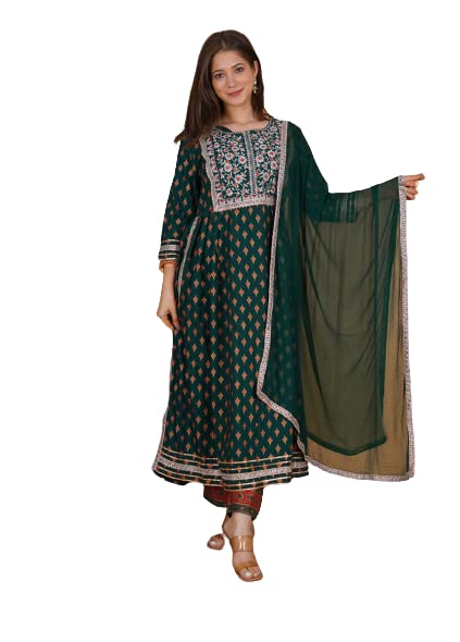 Women's Rayon Printed Zari Embrodriery Side Cut Kurta With Palazzo & Dupatta Set