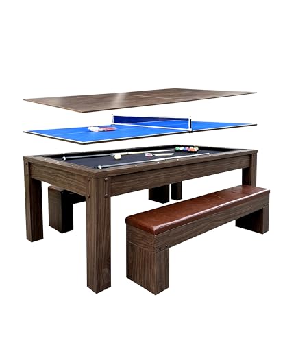 ComeWay 7ft Dining Pool Table Combo with Game Accessories 3-in-1 Multi-Functional Game Table with Ping Pong & Dining Top & 2 Benches for Play & Dining