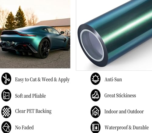 Image of WALLMATE Chameleon Green to Blue Vinyl Wrap, Satin Metallic Bike Wrap with Air-Release Tech, Color Change DIY Paint Wrapping, Car Sticker Roll for Exterior and Interior (Chamileon Green, 20X84 in)