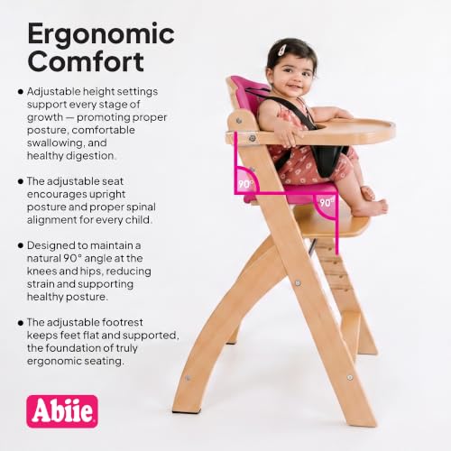 Image of Abiie Beyond Junior Wooden High Chair for Babies and Toddlers - Convertible 3-in-1 Baby Highchair with Removable Tray - 6 Months to 250 Lb - Water Resistant - Natural Wood /Raspberry Cushion