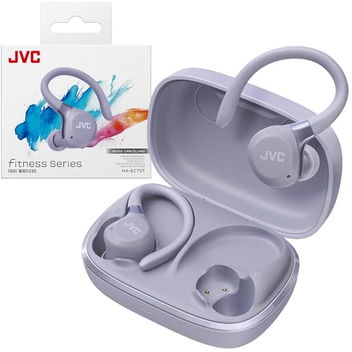 JVC Fitness Series True Wireless Sport Earbuds with Adjustable Hooks, Active Noise Cancelling, Ambient Sound Mode, IP57 Waterproof, 40hr Long Battery Life, App EQ, Low Latency, Mic HAEC75TV Violet