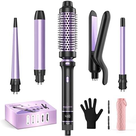 5 in 1 Curling Iron, Curling Wand Set with Thermal Brush, Flat Iron Hair Straightener, 3 Ceramic Curling Irons (0.35"-1"), 13 Adjustable Temps, Hair Curler Waver with Heat Resistant Mat, Glove, Clip Cover