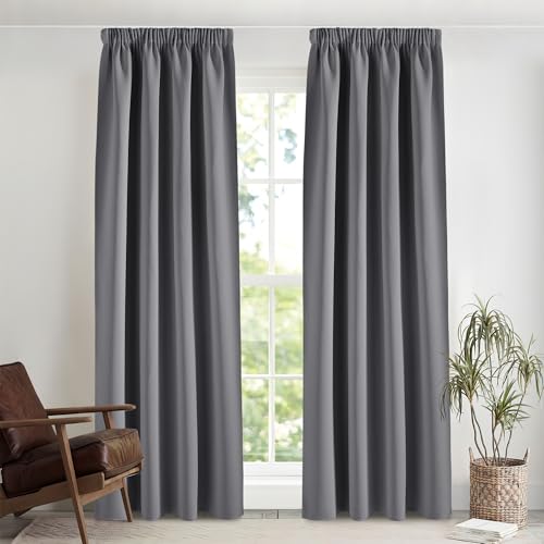 PONY DANCE 90% Verdunklungsvorhänge mit Kräuselband für Schiene 2er Set H 245 x B 140 cm Thermovorhang gegen Hitze Schlafzimmer Gardinen und Vorhänge Grau Blickdicht Curtains for Living Room