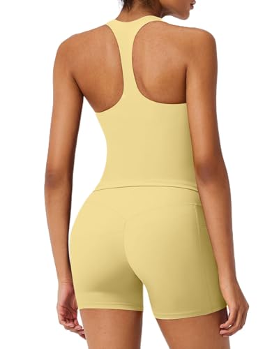 RXRXCOCO Racerback Workout Sets for Women 2 Piece Padded Scoop Neck Tank Tops Hidden Scrunch Booty Shorts Yoga Set with Pockets Yellow Large