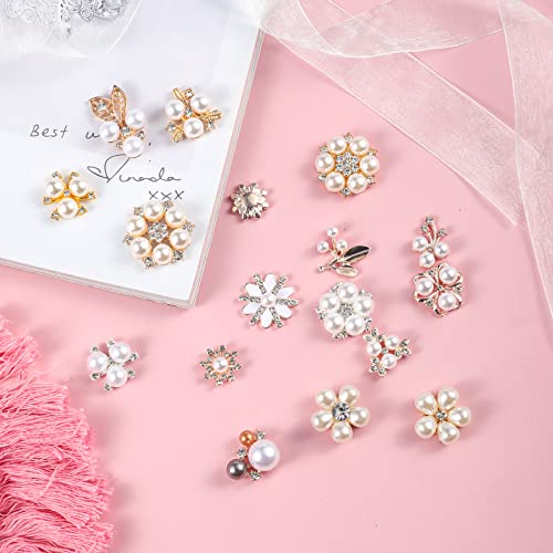 Qxuji Pearl Rhinestone Buttons, Gold And Silver Flower Flatback Button, Crystal Rhinestone Embellishments Brooch Pins, For Jewelry Making Diy Crafts, Wedding Bouquet, Home Decoration, 17 Pieces #TOP6