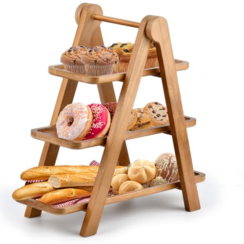 DODUOS Bandeja para Servir de 3 Niveles, Bandeja Escalonada de Madera DecoracióN Soporte para Pasteles Bandeja Escalonada de Granja Platos y Bandejas para Servir Fiestas