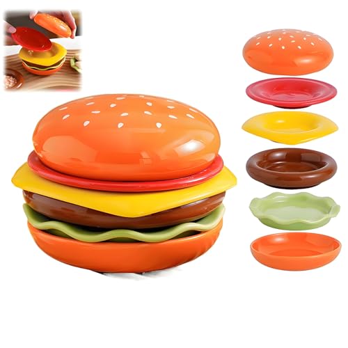 Ceramic 6-Layer Stackable Burger Plates Set | Durable Ceramic Hamburger Dish Set with Non-Slip Design | Multi-Purpose for Hot Pot, Sushi, Snacks & Party Tableware