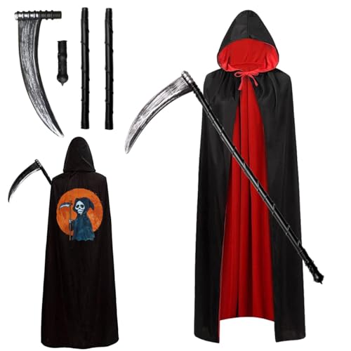 LGZIN Sensenmann Kostüm, Karneval Umhang Mit Sense, Schwarz Rot Doppelseitig, Grim Reaper Set für Cosplay, Unisex