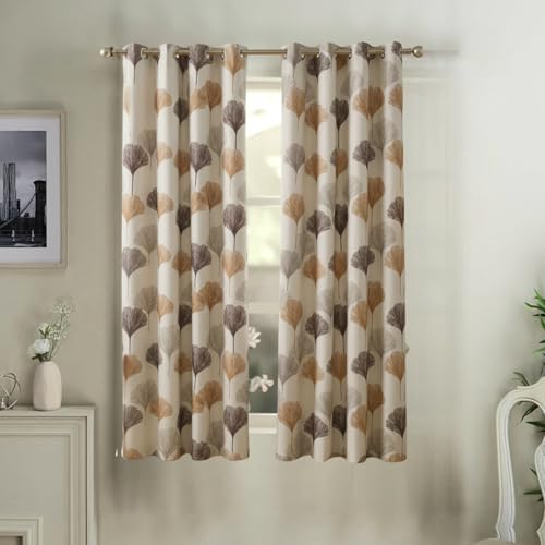 Image of HUTI 5 Feet Brown Window Curtain Set of 2 | Semi-Transparent Ginkgo Tree Printed Curtain | Soft Polyester Eyelet Curtains for Living Room & Bedroom 4x5 ft (120 x 150 cm) | Best for Home Decor