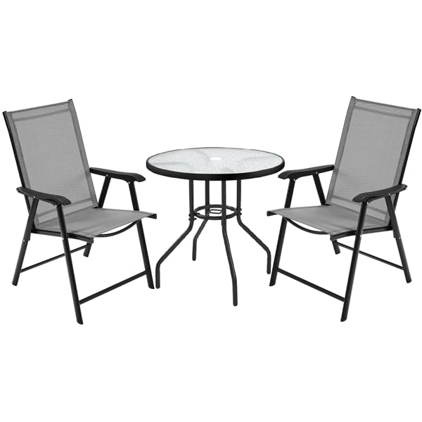 Yaheetech Ensemble de Bistrot Lot de 2 Chaises de Jardin Pliantes et Table de Jardin Ronde en Verre avec Trou pour Parasol et Plateau en Verre Salon de Jardin