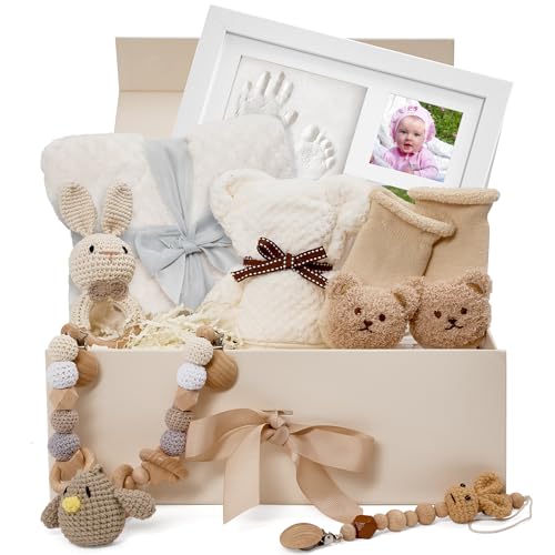 Image of Best Baby Gift Set for Newborn Boys&Girls-Gender Neutral Baby Shower Gifts with Baby Pacifiers,Handprint&Footprint Keepsake Frame,Knitted Blanket,Rattle,Socks&Pacifier Clip–Deluxe Gift Box