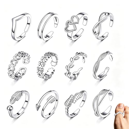 QEQSHQO 12 Stück Zehenringe Damen Silber verstellbar offen Vintage Strand Schmuck Set. Perfekt für Sommer Strand & Urlaub verschiedene Designs für individuellen Stil.
