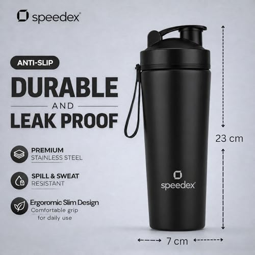 Image of Speedex Stainless Steel Gym Shaker Bottle 750ml with Mixing Ball & Towel for Men & Women | Leakproof Protein Metal Shaker for Gym, Wide Mouth, Measurement Markings, Carry Loop Flip Cap - Black