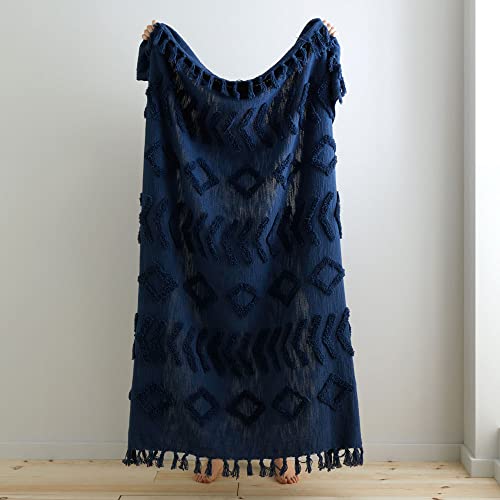 Image of Pineapple Elephant Kabeli Tufted Tassel Cotton 130x170cm Blanket Throw Navy Blue