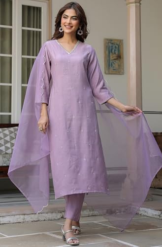 Image of Janasya Women's Lavender Chinon Embellished Kurta with Pant and Dupatta Set