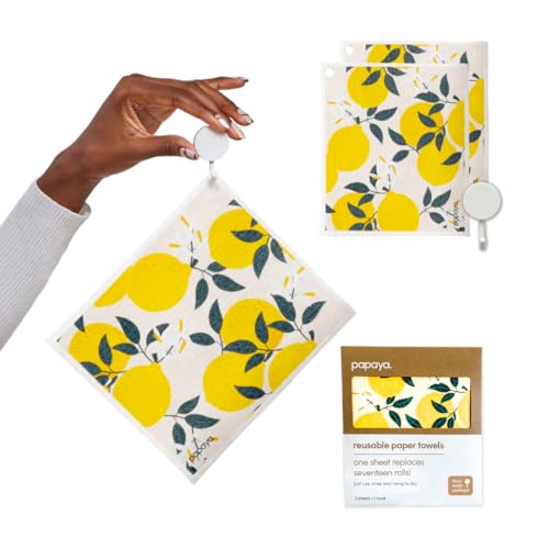 Papaya Swedish Dishcloths for Kitchen 2 Reusable Paper Towels 1 Hook