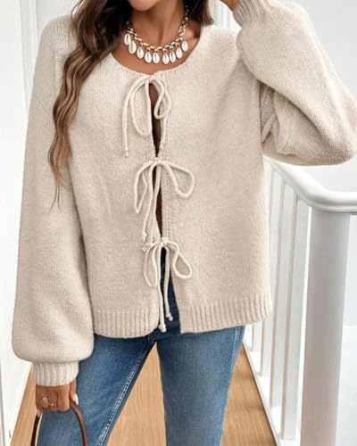 Image of Women Casual Bow Tie Front Cardigan Sweater Solid Crew Neck Long Sleeve Self Tie Open Front Knit Sweater Top Fall