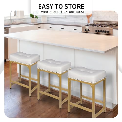Image of White & Gold Counter Height Bar Stools Set of 3, 24 inch Bar Stools for Kitchen Island, Modern Counter Stool Set of 3 Backless Saddle Barstools for Kitchen Dining Room White Gold