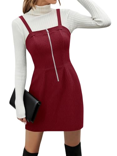 Wenrine Damen Overall Minikleid Halber Reißverschluss Cord Latzhose Träger Bobycon Kleider, Rot/Ausflug, einfarbig (Getaway Solids), Medium