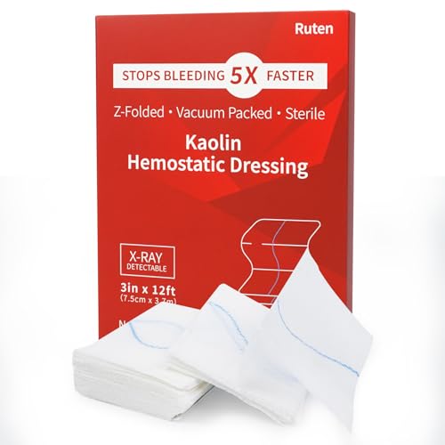 Ruten Kaolin Hemostatic Gauze – Advanced Z-Folded Clotting Dressing for Rapid Blood Stop, Combat Gauze Bandage with X-Ray Line for Emergency Trauma Care, First Aid IFAK Kits & Survival, 3in x 12ft