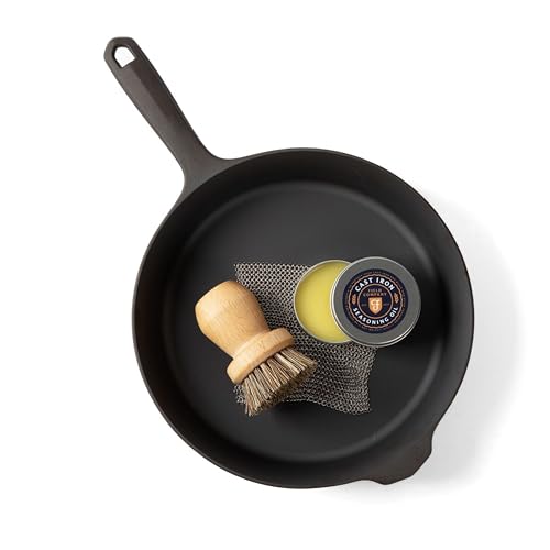 Field Cast Iron Starter Set -10.25 Inch Cast Iron Skillet with Cleaning Kit: Natural Fiber Brush Chain Mail Scrubber & Organic Seasoning Oil Lightweight Preseasoned Made in USA Vintage Design