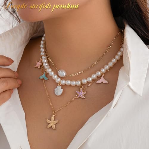Image of SANNIDHI 3Pcs Necklace for Women Girls Boho Gold Seashell Starfish Pendant Necklaces Layered Beads Necklace Chains Beach Jewelry Gift Item for Women