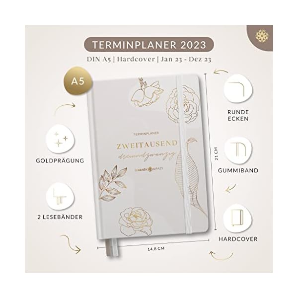 Kalender 2023 Buchkalender A5 "ROSENBLATT" Lebenskompass® - Schöner Wochenkalender & Terminplaner 2023 - Hardcover Taschenkalender 2023 - Buchkalender A5 + Viele Extras – Bild 4