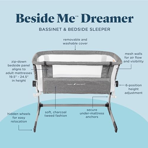 Image of Baby Delight Beside Me Dreamer Bassinet | Bedside Sleeper | 7-Position Height Adjustment | Charcoal Tweed