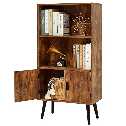 Usikey 48.4" H Boho Bookcase, Retro Bookshelf With Doors & 2-Tier Shlef, Mid-Century Modern Storage Cabinet For Bedroom, Study, Living Room, Office, Library, Brown #TOP6