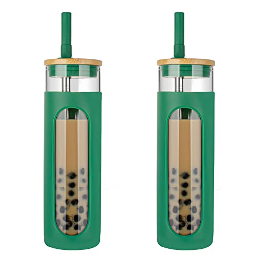 Tronco 20 oz Glass Tumbler with Lid & Straw, Reusable Iced Coffee Cups and Smoothie Cup with Bamboo Lid for Boba Tea, Coffee, Juice, BPA-Free Borosilicate Glass Cup for Home, Office & Gifts