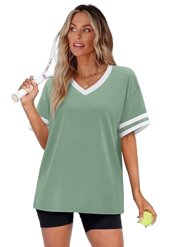 Image of WIHOLL Womens T Shirts Loose Fit Short Sleeve Tees V Neck Color Block Summer Tops 2026 Fashion S-4XL