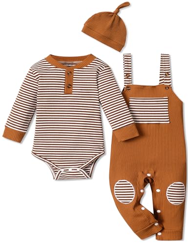 Image of Sislerew Baby Boy Outfits Stripe Print Romper Top and Baby Overalls with Hat Baby Boy Clothes Fall Winter