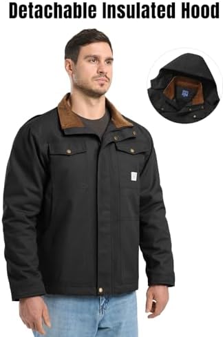 HISEA Winter Work Jackets for Men, Water Resistant Hooded Duck Canvas Coat, Relaxed Fit Insulated Utility Jacket with Pockets